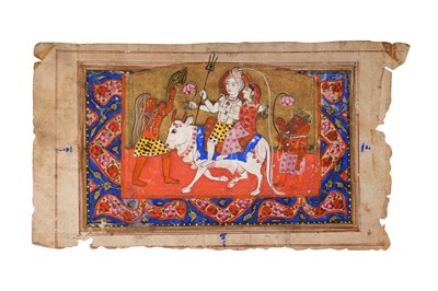 Lot 8 - AN ILLUSTRATED LOOSE FOLIO FROM A KASHMIRI MANUSCRIPT: THE HINDU GOD SHIVA AND HIS FAMILY