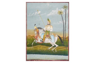 Lot 22 - TWO LARGE EQUESTRIAN PORTRAITS: MAHARAJA SAWAI JAI SINGH III AND HIS SON, SAWAI RAM SINGH II