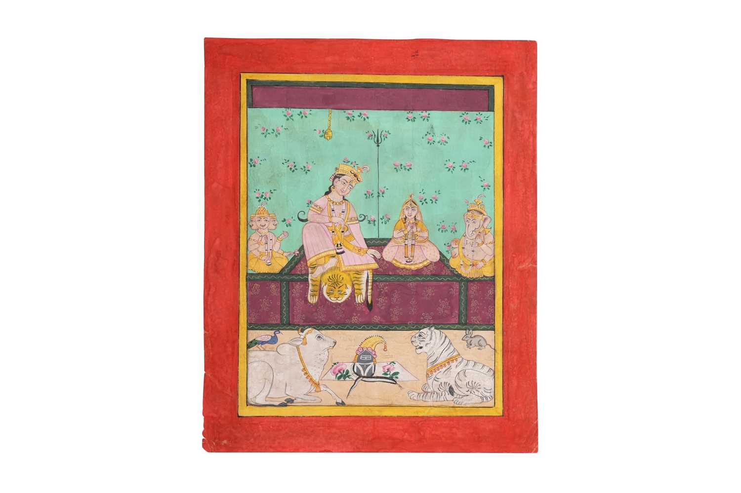Lot 31 - AN UNUSUAL FAMILY PORTRAIT: THE HINDU GOD SHIVA WITH CONSORT AND THEIR VAHANAS