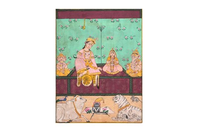 Lot 31 - AN UNUSUAL FAMILY PORTRAIT: THE HINDU GOD SHIVA WITH CONSORT AND THEIR VAHANAS