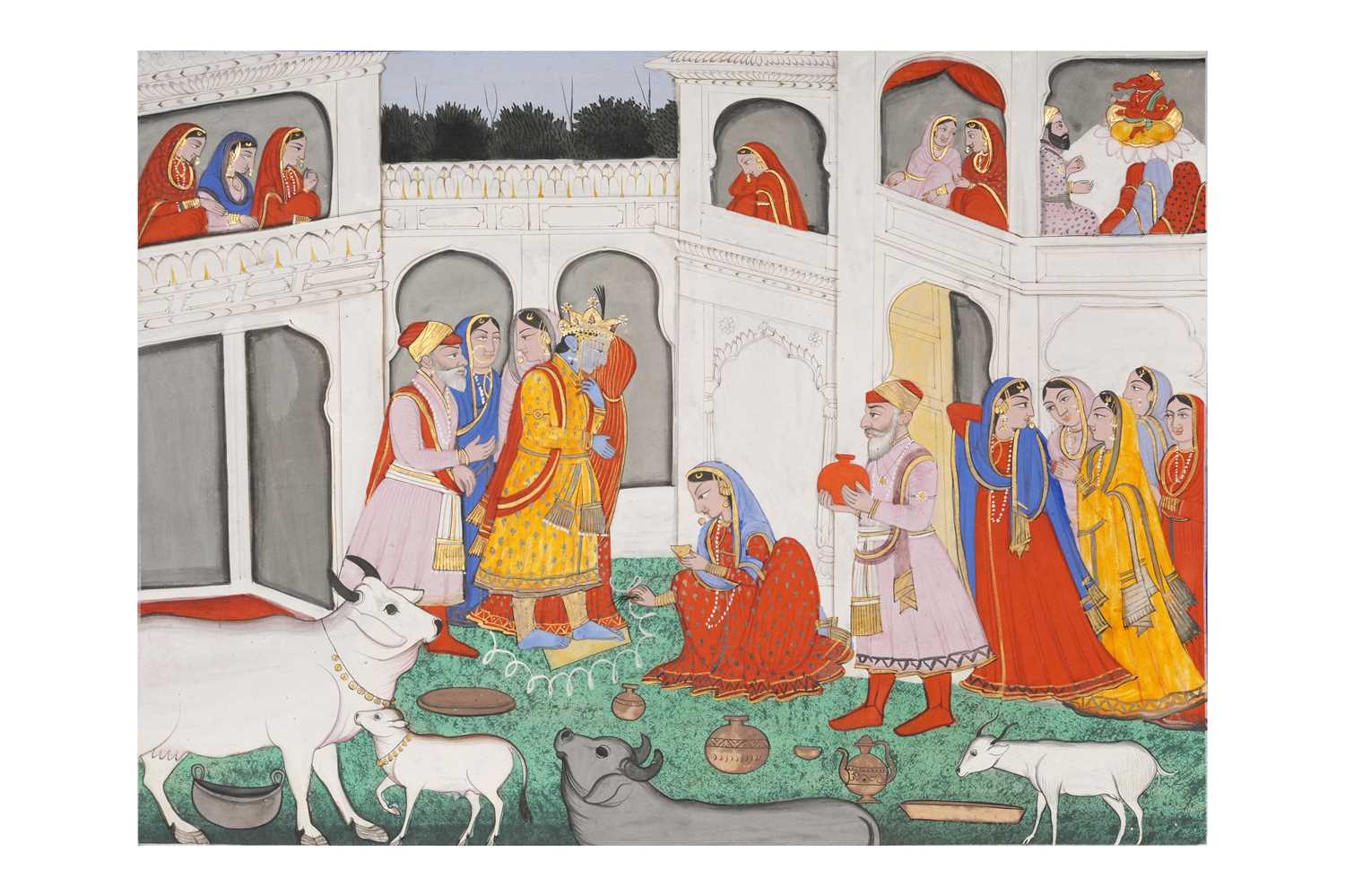 Lot 34 - AN ILLUSTRATED FOLIO FROM A BHAGAVATA PURANA SERIES: KRISHNA AND HIS BRIDE'S SAPTAPADI CEREMONY