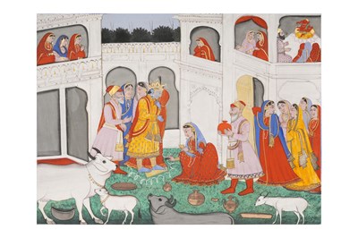 Lot 34 - AN ILLUSTRATED FOLIO FROM A BHAGAVATA PURANA SERIES: KRISHNA AND HIS BRIDE'S SAPTAPADI CEREMONY