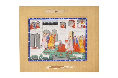 Lot 34 - AN ILLUSTRATED FOLIO FROM A BHAGAVATA PURANA SERIES: KRISHNA AND HIS BRIDE'S SAPTAPADI CEREMONY