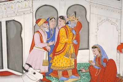 Lot 34 - AN ILLUSTRATED FOLIO FROM A BHAGAVATA PURANA SERIES: KRISHNA AND HIS BRIDE'S SAPTAPADI CEREMONY