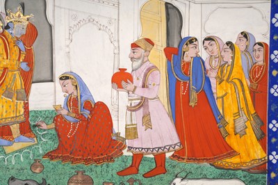 Lot 34 - AN ILLUSTRATED FOLIO FROM A BHAGAVATA PURANA SERIES: KRISHNA AND HIS BRIDE'S SAPTAPADI CEREMONY
