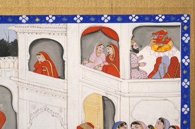 Lot 34 - AN ILLUSTRATED FOLIO FROM A BHAGAVATA PURANA SERIES: KRISHNA AND HIS BRIDE'S SAPTAPADI CEREMONY