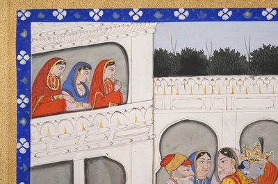 Lot 34 - AN ILLUSTRATED FOLIO FROM A BHAGAVATA PURANA SERIES: KRISHNA AND HIS BRIDE'S SAPTAPADI CEREMONY
