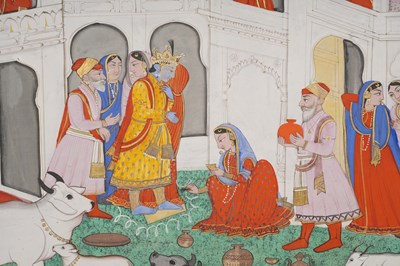 Lot 34 - AN ILLUSTRATED FOLIO FROM A BHAGAVATA PURANA SERIES: KRISHNA AND HIS BRIDE'S SAPTAPADI CEREMONY