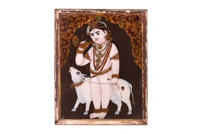 Lot 114 - A REVERSE GLASS PAINTING OF BALA KRISHNA WITH A WHITE COW