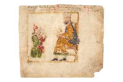 Lot 37 - AN ILLUSTRATED LOOSE FOLIO WITH A SCHOLAR AND HIS PUPILS