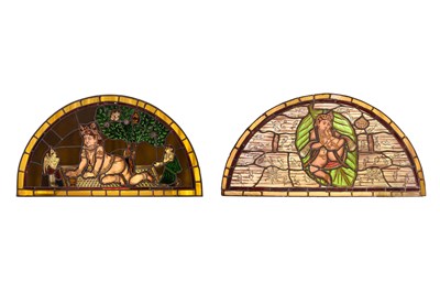 Lot 3 - TWO STAINED GLASS WINDOWS WITH BABY KRISHNA