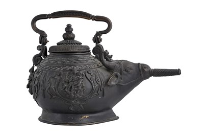 Lot 181 - A HEAVY CAST BRONZE ZOOMORPHIC SHAIVITE CEREMONIAL WATER VESSEL (GOWMUKHI)