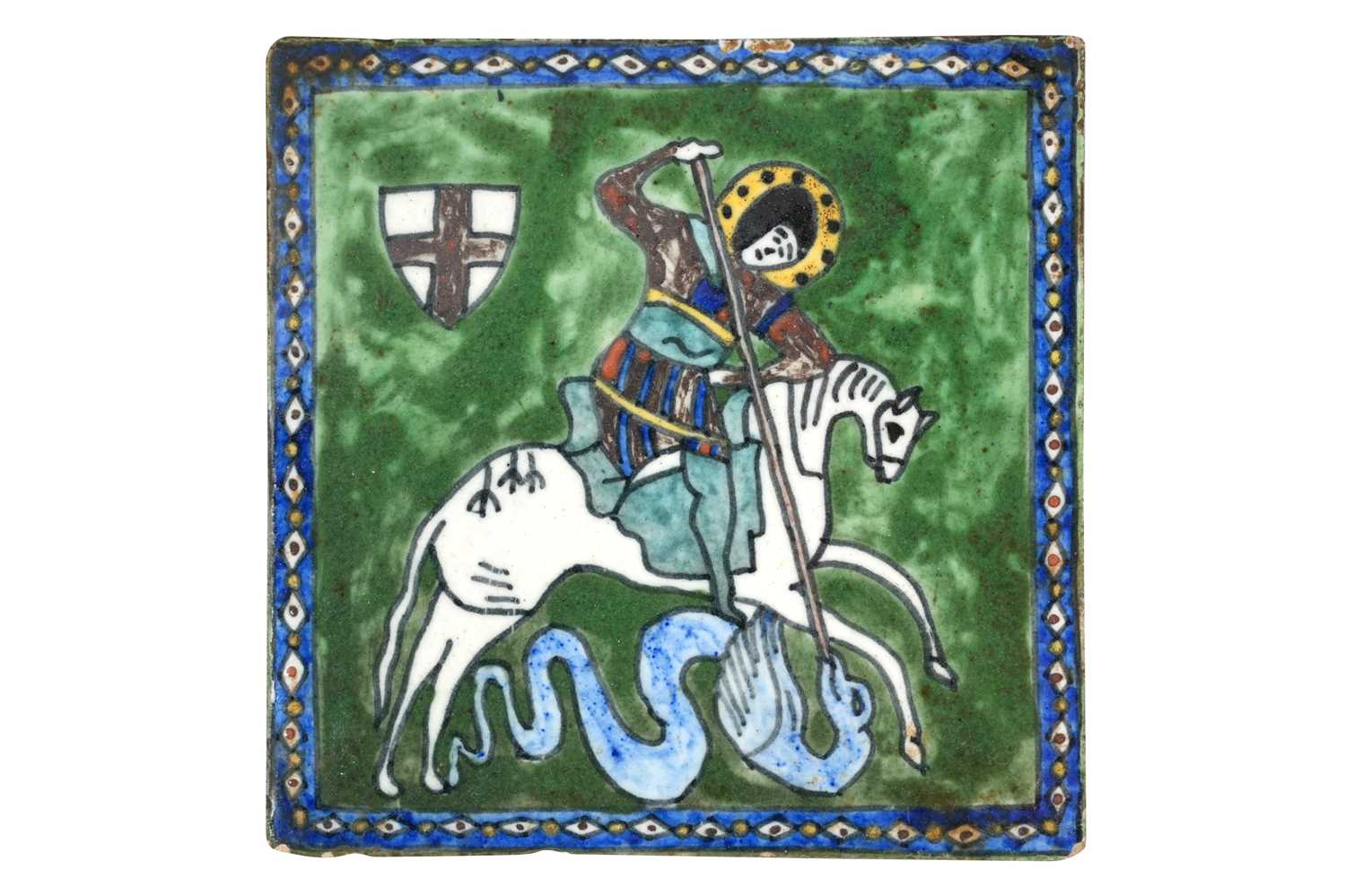 Lot 67 - A SIGNED POLYCHROME-PAINTED JERUSALEM POTTERY TILE WITH ST. GEORGE AND THE DRAGON