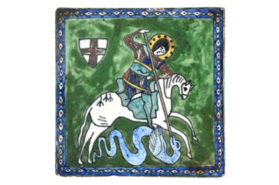 Lot 67 - A SIGNED POLYCHROME-PAINTED JERUSALEM POTTERY TILE WITH ST. GEORGE AND THE DRAGON