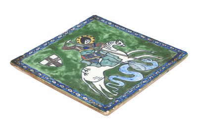Lot 67 - A SIGNED POLYCHROME-PAINTED JERUSALEM POTTERY TILE WITH ST. GEORGE AND THE DRAGON