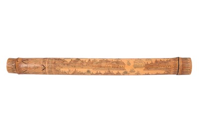 Lot 20 - AN ENGRAVED BAMBOO DOCUMENT HOLDER WITH EUROPEAN HARBOUR VIEWS AND SHIPS