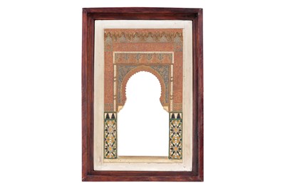 Lot 16 - A HISPANO-MORESQUE REVIVAL GILT AND POLYCHROME-PAINTED PLASTER RELIEF PLAQUE OF THE ALHAMBRA PALACE