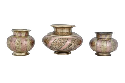 Lot 182 - THREE GANGA-JAMUNA COPPER AND BRASS LOTAS (WATER VESSELS)