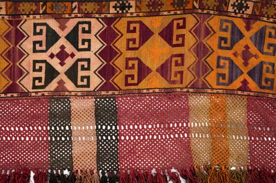 Lot 91 - A POLYCHROME EMBROIDERED CEREMONIAL HORSE CHEST COVER WITH GEOMETRIC MOTIFS