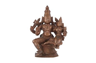 Lot 172 - A BRONZE FIGURINE OF THE ENTHRONED DIVINE HINDU COUPLE OF VISHNU AND LAKSHMI