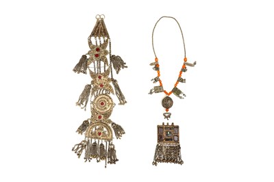 Lot 130 - THREE TRIBAL ARABIAN COPPER AND WHITE METAL COSTUME JEWELLERY ACCESSORIES