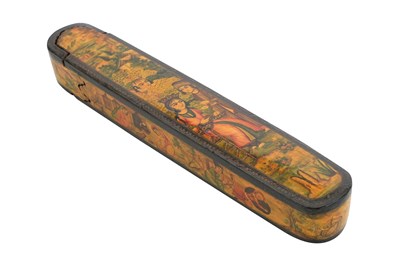 Lot 104 - A LACQUERED PAPIER-MÂCHÉ PEN CASE (QALAMDAN) WITH A QAJAR PRINCE