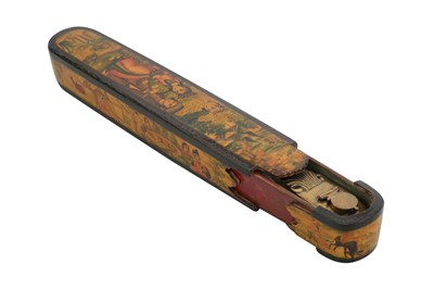 Lot 104 - A LACQUERED PAPIER-MÂCHÉ PEN CASE (QALAMDAN) WITH A QAJAR PRINCE