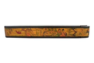 Lot 104 - A LACQUERED PAPIER-MÂCHÉ PEN CASE (QALAMDAN) WITH A QAJAR PRINCE