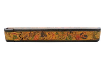 Lot 104 - A LACQUERED PAPIER-MÂCHÉ PEN CASE (QALAMDAN) WITH A QAJAR PRINCE