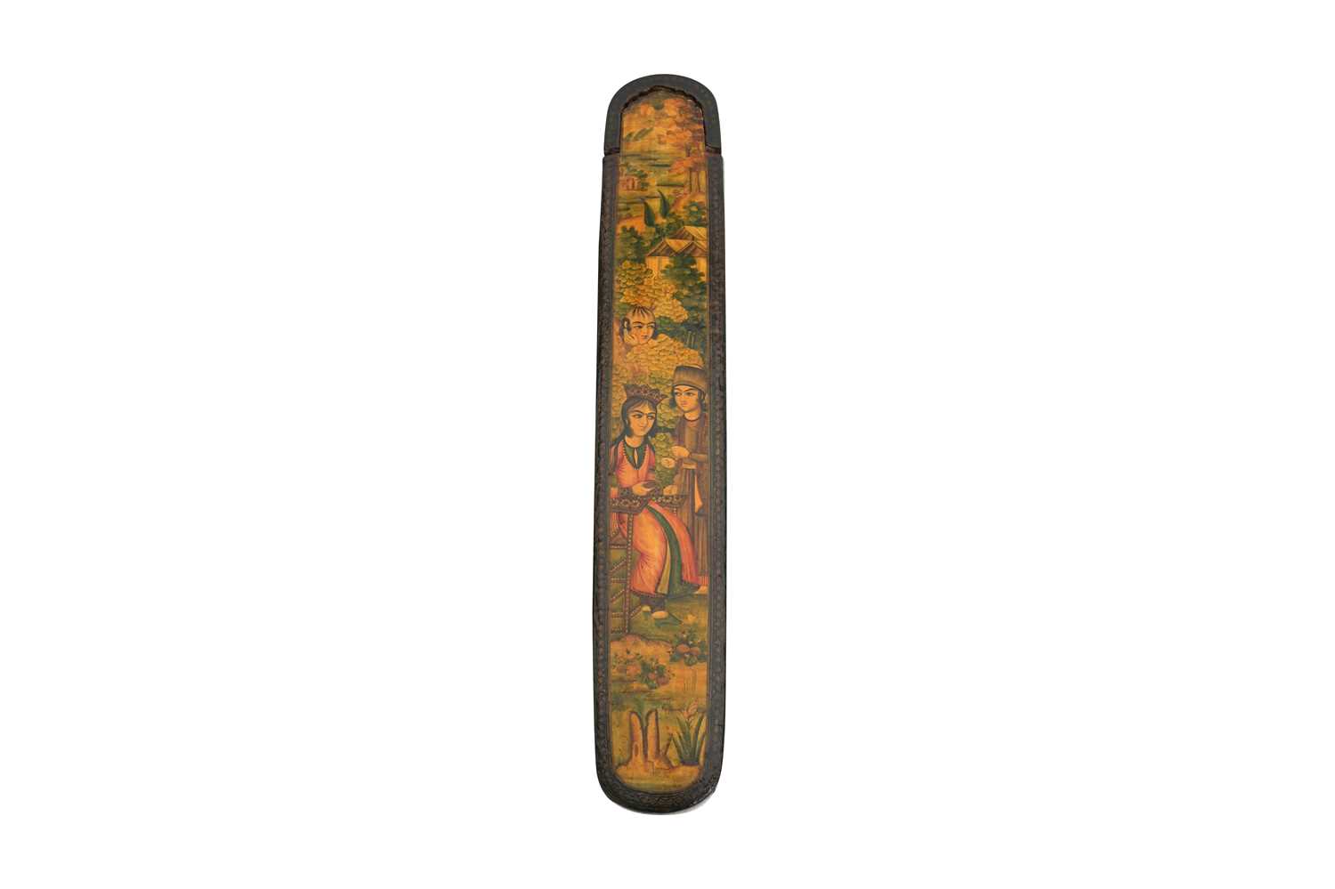 Lot 104 - A LACQUERED PAPIER-MÂCHÉ PEN CASE (QALAMDAN) WITH A QAJAR PRINCE