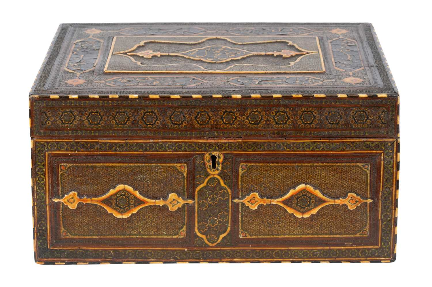 Lot 158 - λ A QAJAR KHATAMKARI MANUSCRIPT CASE WITH CALLIGRAPHIC PANELS