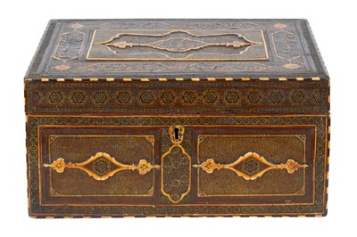 Lot 158 - λ A QAJAR KHATAMKARI MANUSCRIPT CASE WITH CALLIGRAPHIC PANELS