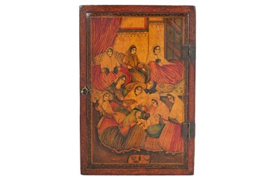 Lot 107 - A QAJAR LACQUERED PAPIER-MÂCHÉ MIRROR CASE WITH KHITAN AND ‘AQD CEREMONIES