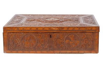 Lot 117 - A CARVED IRANIAN FRUITWOOD BOX WITH NASIR AL-DIN SHAH’S PORTRAIT