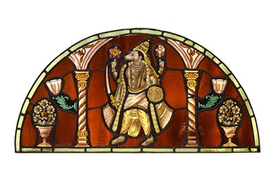 Lot 1 - A STAINED GLASS WINDOW WITH THE THIRD AVATARA OF LORD VISHNU, VARAHA
