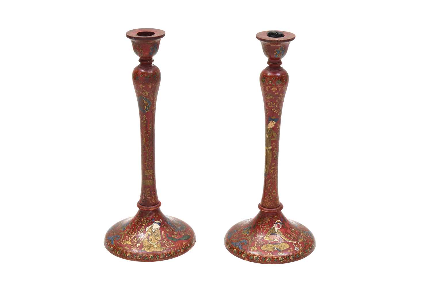 Lot 204 - A PAIR OF SAFAVID-REVIVAL IMAMI-STYLE LACQUERED WOODEN CANDLESTICKS