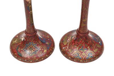 Lot 204 - A PAIR OF SAFAVID-REVIVAL IMAMI-STYLE LACQUERED WOODEN CANDLESTICKS