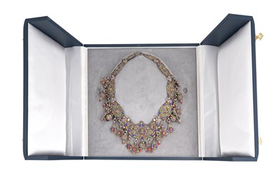 Lot 26 - AN ALGERIAN BERBER RED CORAL AND POLYCHROME ENAMELS SILVER NECKLACE (AZRAR)
