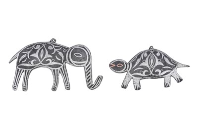Lot 30 - TWO TUNISIAN SILVER AND COPPER-INLAID ZINC ANIMAL FIGURINES