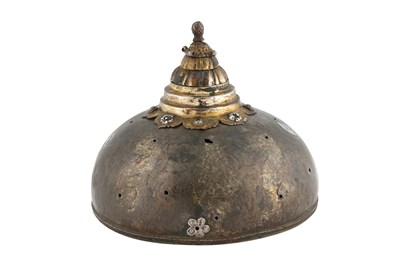 Lot 120 - A TINNED COPPER HEADDRESS CAP WITH GILT COPPER FINIAL