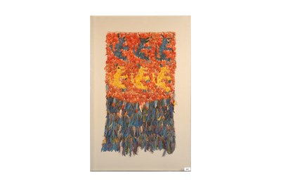 Lot 196 - λ A PERUVIAN POLYCHROME FEATHERWORK TABARD FRAGMENT WITH ANIMAL MOTIFS