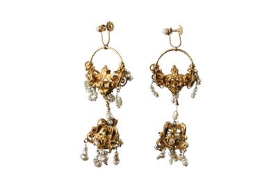 Lot 79 - A PAIR OF CLASSICAL REVIVAL SEED PEARL AND GOLD-PLATED EARRINGS