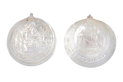Lot 44 - λ TWO CARVED MOTHER-OF-PEARL SHELL PLAQUES WITH CHRISTIAN ICONOGRAPHY