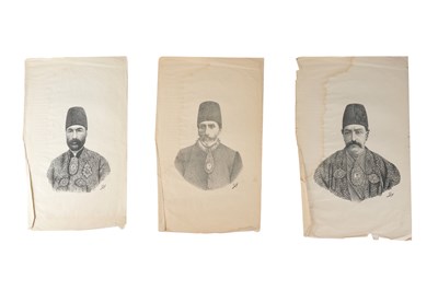 Lot 116 - SIX LITHOGRAPHED COVER PORTRAITS COPIES OF QAJAR OFFICIALS IN THE PERSIAN JOURNAL "SHERAFAT"
