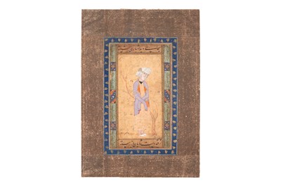 Lot 111 - AN ARCHAISTIC SAFAVID-REVIVAL MURAQQA' FOLIO WITH A YOUTH IN A GARDEN
