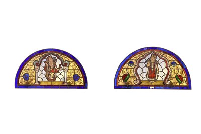 Lot 2 - TWO STAINED GLASS WINDOWS WITH HINDU DEITIES ON GOLDEN LOTUS PEDESTALS