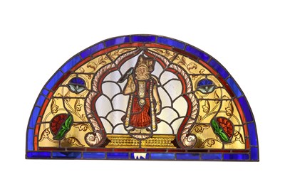 Lot 2 - TWO STAINED GLASS WINDOWS WITH HINDU DEITIES ON GOLDEN LOTUS PEDESTALS