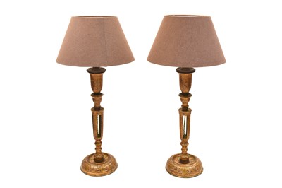 Lot 127 - A PAIR OF WIRED, GILT, AND LACQUERED PAPIER-MÂCHÉ KASHMIRI TABLE LAMPS