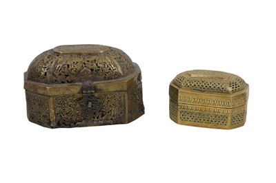 Lot 146 - TWO PIERCED AND ENGRAVED BRASS PANDAN BOXES