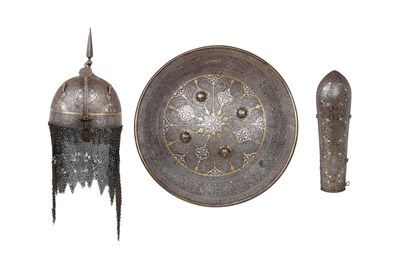 Lot 205 - A THREE-PIECE SET OF QAJAR GOLD AND SILVER-DAMASCENED STEEL ARMOUR